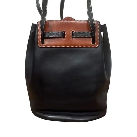 LOEWE Black Bicolor Whiskey Brown Small Lazo Bucket Bag Auth - Picture 6 of 14